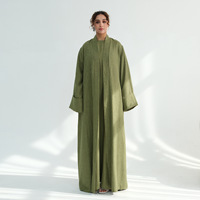 Ensemble Abaya 2 pièces en mélange coton-lin pour femme, couleur unie, Abaya ouverte avec robe intérieure, grande taille, tenue musulmane modeste