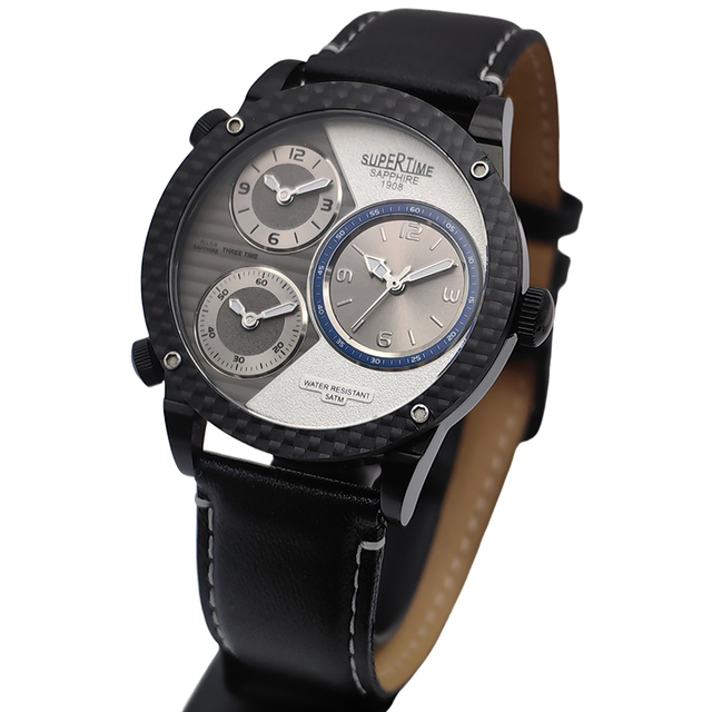 Custom Design and Brand Logo 3 Timezone Stainless Steel Men Watch 42.5mm Case with Carbon Fiber Bezel Water Resistant 50m U4640