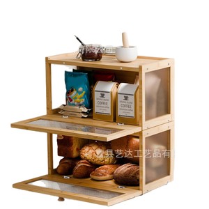 Boîte de rangement à pain en bambou à double couche avec couvercle rabattable, organisateur de cuisine et de boulangerie avec panneau en verre pour la présentation de pains et pâtisseries frais - Product Image 5