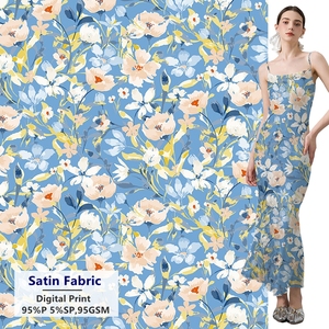 Vải <span class=keywords><strong>satin</strong></span> in kỹ thuật số hoa văn tùy chỉnh, chất liệu 95% <span class=keywords><strong>polyester</strong></span> 5% spandex, dệt, trọng lượng 95GSM, số lượng đặt hàng tối thiểu thấp, thích hợp cho váy dự tiệc và áo sơ mi. - Product Image 1