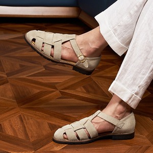 Sandalias tejidas vintage de color sólido, con suela plana, versátiles, transpirables, perforadas, con cubierta de cuero genuino para hombre. - Product Image 2