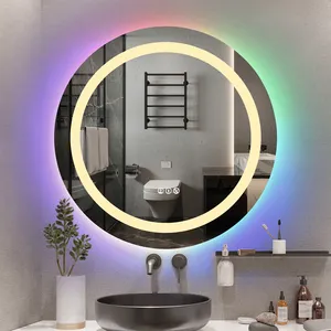 간단한 현대 다기능 김서림 방지 LED 컬러 조명 벽걸이 형 스마트 원형 욕실 거울