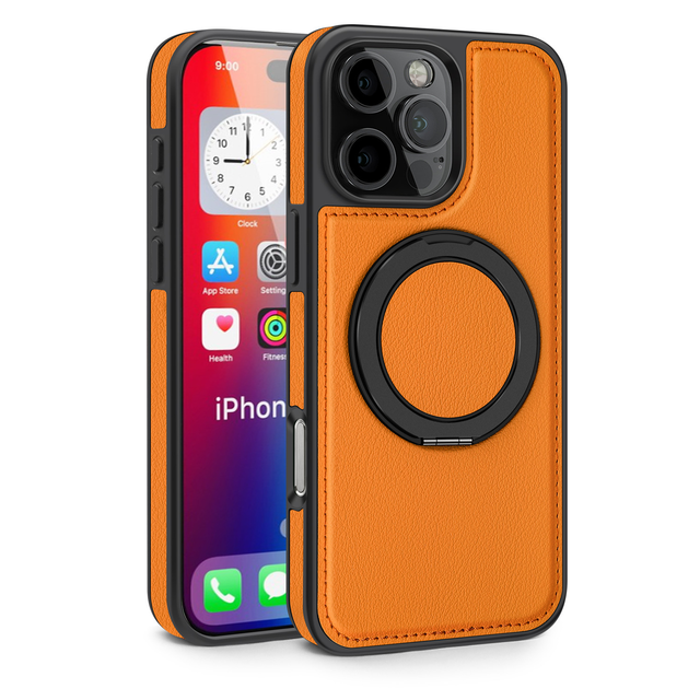 Premium Artificial Leather Luxury Shockproof Phone Case with 360 Rotation Magnetic Kickstand Holder for 16 Pro Max