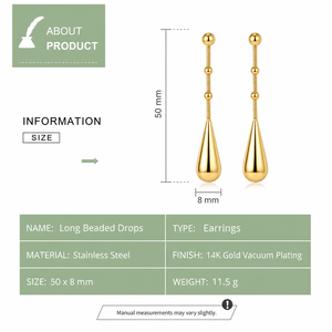 ต่างหูทรงหยดน้ำยาว สแตนเลสสตีล ชุบทอง 14K แบบสุญญากาศ ประดับลูกปัดโซ่ลายงู ขนาด 50 มม. - Product Image 2