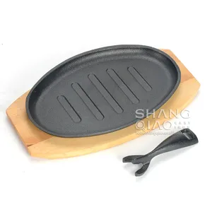 Plato de Fajita presazonado con tapa de madera, plato de Sizzler, ovalado, de hierro fundido, juego de placa ovalada