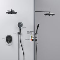 Système de douche mural moderne de luxe noir mat en laiton et acier inoxydable avec cartouche céramique, jet de pluie et douchette à main carrée 1