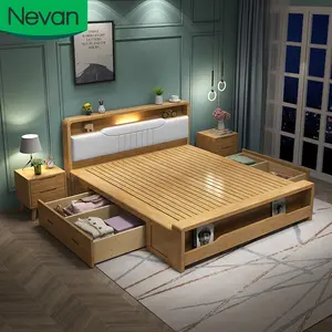 Cama de madeira moderna, cama de madeira estilo nórdico com luzes de led, design simples, queen e king size
