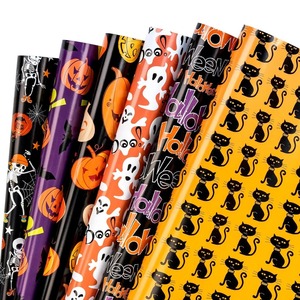 Papier cadeau personnalisé écologique et recyclable sur le thème d'Halloween, rouleau de papier d'art couché double face 100 GSM, citrouilles, fantômes, chats - Product Image 1