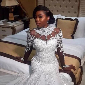 Wedding Dress Mermaid Long Sleeve High Necklace White Lace Rhinestone Cut Out Backless Natural Waistline Bride Dress - Product Image 1