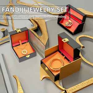 Boîte à bijoux élégante en bois avec serrure métallique, étui de rangement avec doublure rouge-orange pour collier en or, bracelet, bijoux, emballage cadeau - Product Image 2
