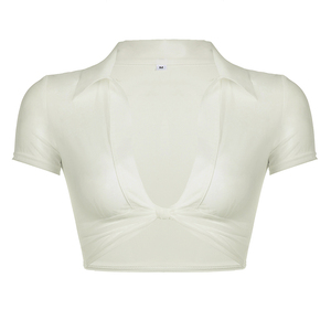 Blusa de punto de malla transparente transpirable de manga corta estilo coqueta sexy de verano, ajustada, de color liso con estampado digital - Product Image 6