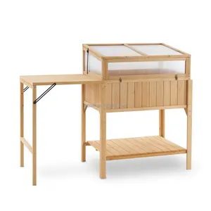 Serre à cadre froid avec Table de pot pliable, boîte de jardinière de lit de jardin surélevé avec pieds et serre en bois avec étagère pour