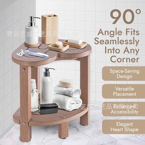 Yisheng Wooden Bathroom Stool Heart Shape <b>Corner</b> Storage <b>Rack</b> Brown Solid Wood Double Layer <b>Shower</b> Seat - Product Image 1