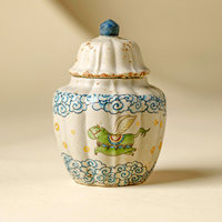 Boîte à thé en céramique de style vintage avec motif de cheval ailé et de nuage peint à la main, petit pot de rangement hermétique