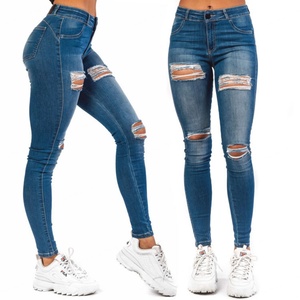 Wholesale OEM Stylish Cute Hip Hop <b>Denim</b> Stretchy High Waist Distressed <b>Blue</b> Washed Rips Skinny Women's <b>Jeans</b> - Product Image 3