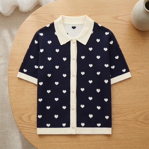 <b>Women</b> Summer Heart Jacquard Knitted <b>Cardigan</b> <b>Short</b> Sleeve Turn-Down Collar Button Front Sweater - Product Image 2