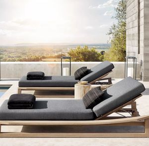 Sillas de Piscina Fáciles de Limpiar, Tumbonas, Chaise Longue de Teca, Muebles de Exterior con Cojín - Product Image 5
