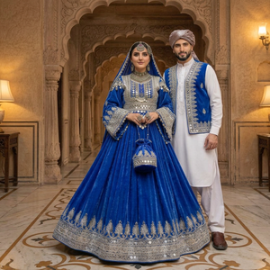 Vestido de Novia Elegante Azul de Satén de Algodón Bordado, Estilo Tubo, Sin Tirantes, Manga Larga, Largo hasta el Suelo, con Cola Capilla y Pedrería Hecha a Mano - Product Image 2