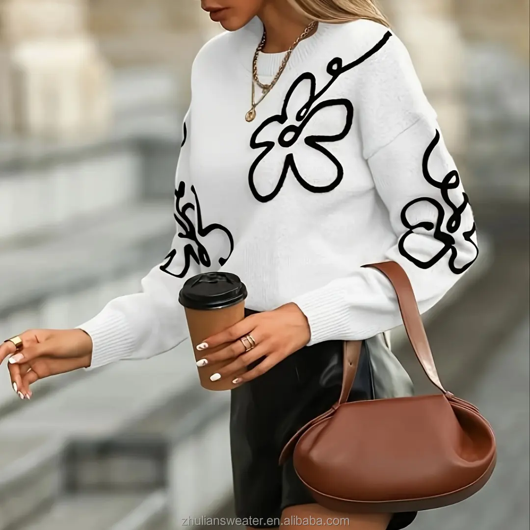 사용자 정의 패션 여성의 꽃 무늬 니트 스웨터 가을과 겨울 아늑한 긴 소매 풀오버