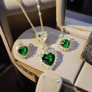 फैशन हॉट सेल दिल इमर्ल्ड ईयररिंग्स हार शादी के गहने सेट दिल के आकार के जिरकॉन पेलेंट हार गहने सेट - Product Image 2