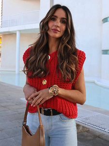 Femmes Crochet gros tricot pull <span class=keywords><strong>gilet</strong></span> décontracté sans manches boutonné <span class=keywords><strong>gilet</strong></span> hauts recadrée Cardigan chandails avec poches taille libre - Product Image 6