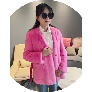 Cute Pink Leather Belt Big Pocket Long Length Luxury Genuine Mink Fur Skin Coat