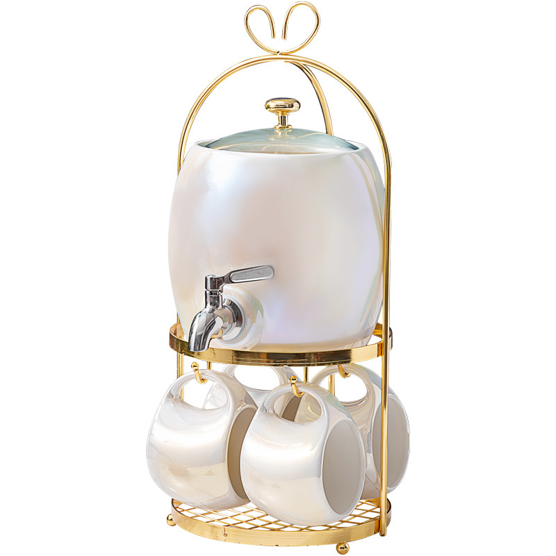 Doyoung New Arrival Luxury Dazzling White Ceramic Juice Beverage Drink Water Dispenser with Cups,Metal Stand and Stainless Spout