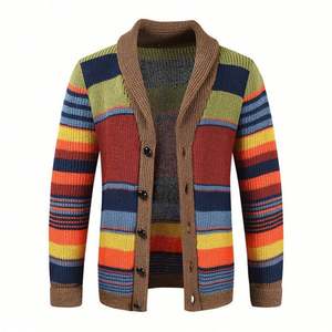 <b>Men's</b> Long Sleeve Cozy Warm Pullover Sweater <b>Turtleneck</b> Collar Single Button 3D Color Block Striped Spring Outwear Jacket - Product Image 1