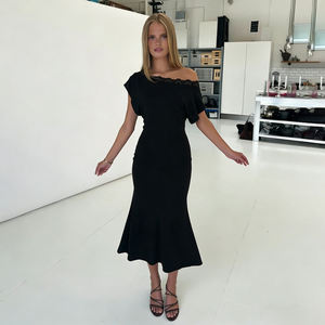 Off-Shoulder Mermaid <b>Dress</b> Asymmetric Neckline Lace Trim Gown Waist Defining Solid Color Elegant Banquet <b>Long</b> <b>Dress</b> - Product Image 2