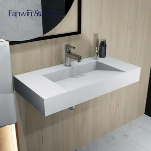Fanwin beyaz akrilik katı yüzey dikdörtgen lavabo banyo duvar asılı yüzen havzası evye
