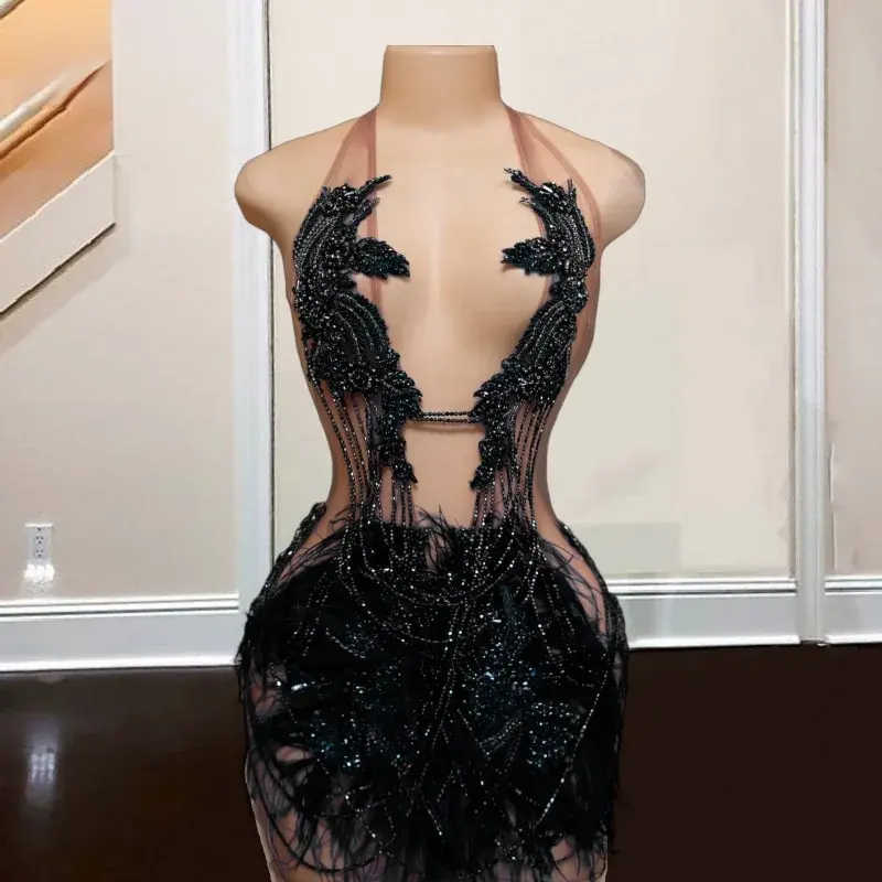 Ocstrade lông dây cổ sexy Dresses phụ nữ câu lạc bộ đêm 2023 lưới xem thông qua pha lê màu đen Rhinestone Mini sinh nhật Ăn mặc