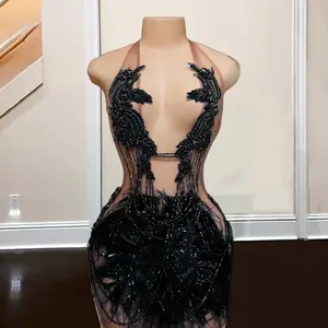 Ocstrade Feather Halter Neck Sexy Dresses Women Night Club 2023 Mesh See Through Crystal Black Rhinestone Mini Birthday Dress