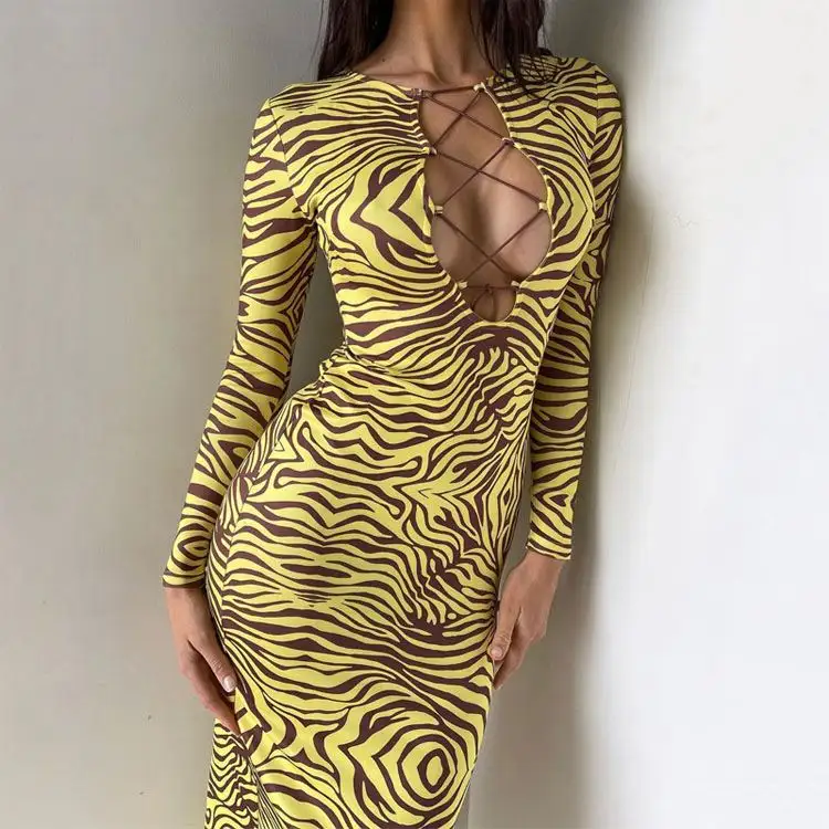 Lace Up Zebra Print Sexy Midi Dress Femmes 2021 Party Evening New Fashion Apparel Automne Hiver Wholesale Casual Clothes