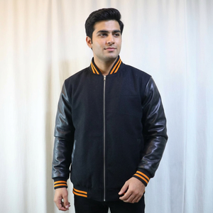 <b>Men's</b> Black Varsity <b>Jacket</b> With PU <b>Leather</b> Sleeves And Orange Trim Zipper Front Casual Autumn Wear Finer Threads - Product Image 1