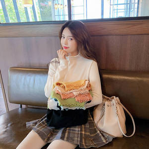 Nouveau automne hiver femmes décontracté solide ample à manches longues volants demi col roulé <span class=keywords><strong>T</strong></span>-Shirts dame filles <span class=keywords><strong>basique</strong></span> <span class=keywords><strong>t</strong></span>-shirts hauts haut solide - Product Image 4
