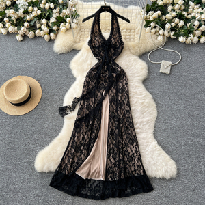 Elegante abito <span class=keywords><strong>Midi</strong></span> impero da donna con spacco alto e profondo a V in pizzo senza maniche senza maniche Design floreale per feste estive - Product Image 3