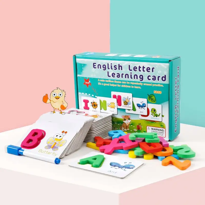 Wooden Alphabet Letter Learning Cards Set Word Spelling Practice Game Toy English Letters Spelling Card Packaging Box Accept