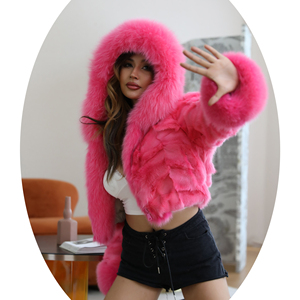 Nouveau Design veste bombardier en fourrure de renard rose grande taille pour femmes, manches longues hiver <span class=keywords><strong>court</strong></span> manteau à <span class=keywords><strong>capuche</strong></span> en vraie fourrure - Product Image 2