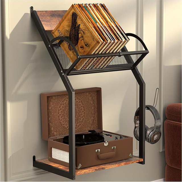 JH-Mech Record Player Stand Adjust Height Unique Design Rust Resistance Metal Wall Mount Vinyl Record Storage