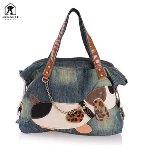 Yeni moda Vintage köpek aplike düz Jean Denim kadın bayan çanta kol çantası carteira bolsa feminina ücretsiz kargo