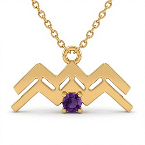 Collier en améthyste du signe Aquarius en laiton plaqué or 14 carats avec chaîne personnalisée en forme de boîte mignonne en pierre naturelle - Product Image 1