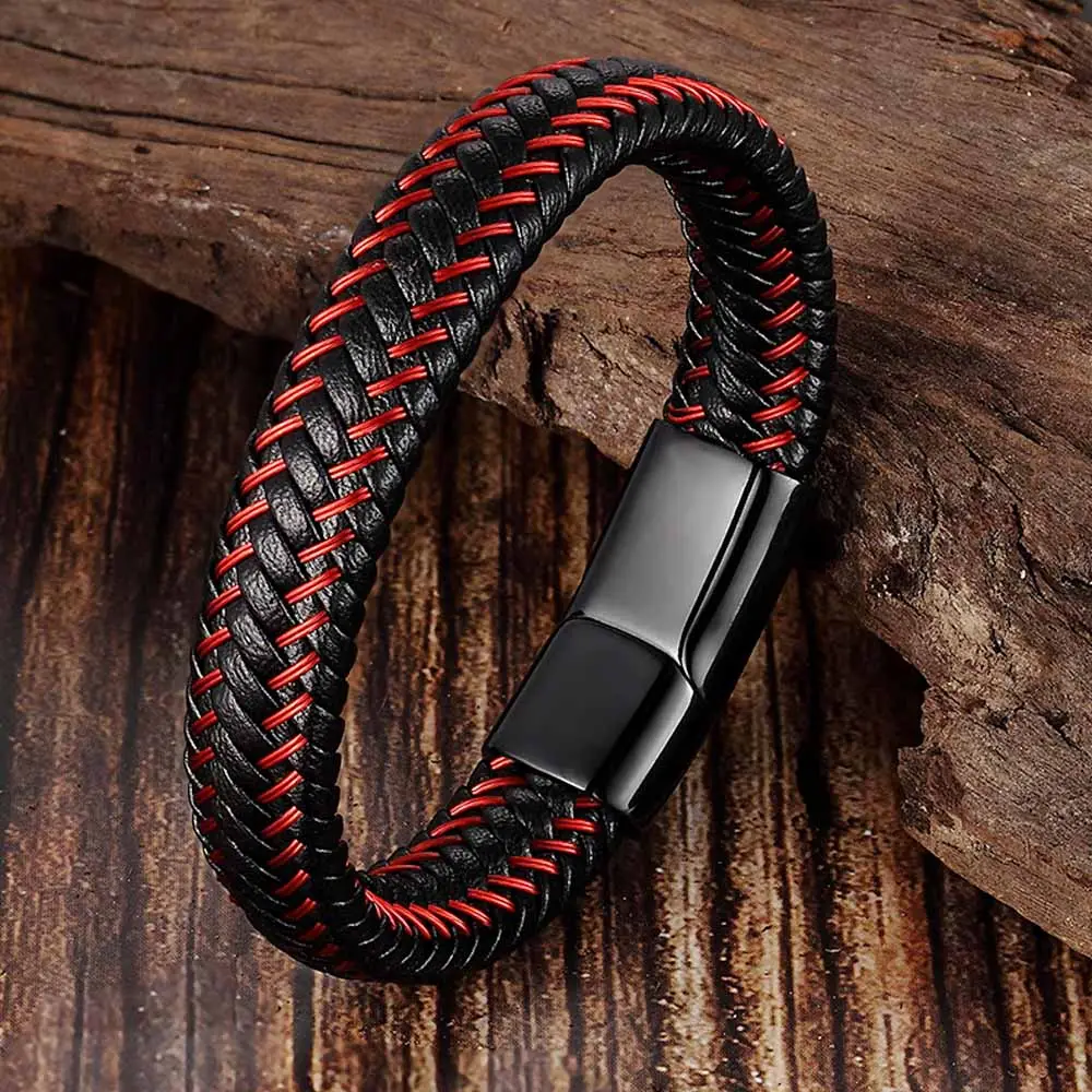 Bracelet en cuir véritable pour hommes, Vintage, de luxe, en noir et rouge, bijou Cool, offre spéciale