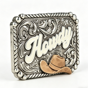 Custom Zinc Alloy Western Belt Buckle Cowboy Hat Floral Love Design Soft Enamel Antique Silver Engraved Finish Die Cut Printing - Product Image 4