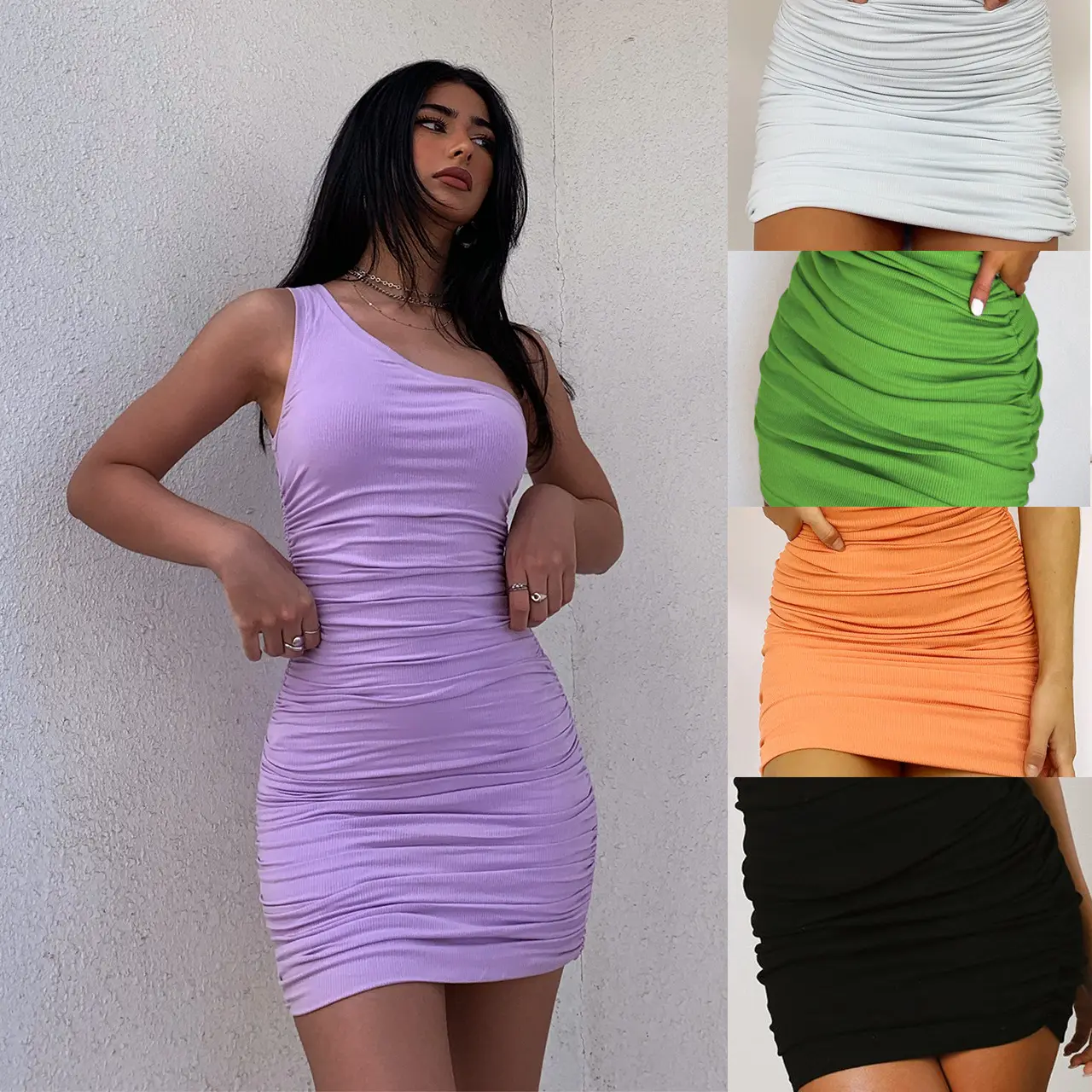Hot Sale Europe Design Women's Sexy Style Pencil Dresses Pleated Oblique Off Shoulder Solid Color Fashion Casual Short Dress