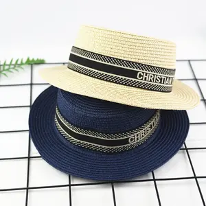 Wholesale New Fashion Sunscreen Panama Ribbon Band Flat Top Straw Hat Cap For Women