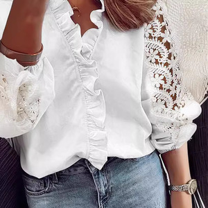 Blusa de Mujer de Color Sólido con Volantes y Manga Larga de Encaje Blanco para Ir al Trabajo - Product Image 2