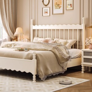 Light French Style Solid Wood Bed 1.8m Double Platform Bed Hand Carved Bedroom Furniture - Product Image 1