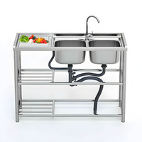 Évier de cuisine commercial moderne en acier inoxydable avec plan de travail intégré et étagère, double égouttoir pour cuisine de restaurant