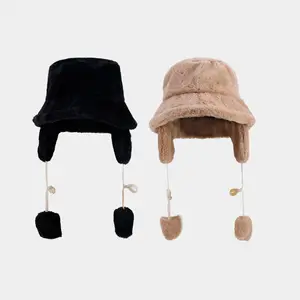 Wholesale Cloche Faux Fur Fisherman Earflaps Warm Hat Outdoor Plush Detachable Winter Bucket Hat