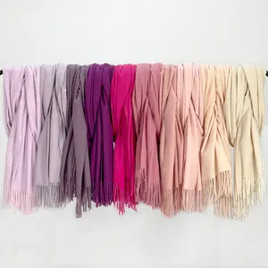 2024 Custom Winter Warm Pashminas Hijab Fringe Neck Shawls Faux Cashmere Wool Polyester Scarves For Poncho Colored Capes Women